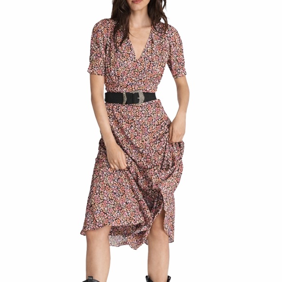 NWT THE KOOPLES Floral V-Neck Short Sleeve Flowy BOHO Dress in Pink & Black! - Picture 2 of 5